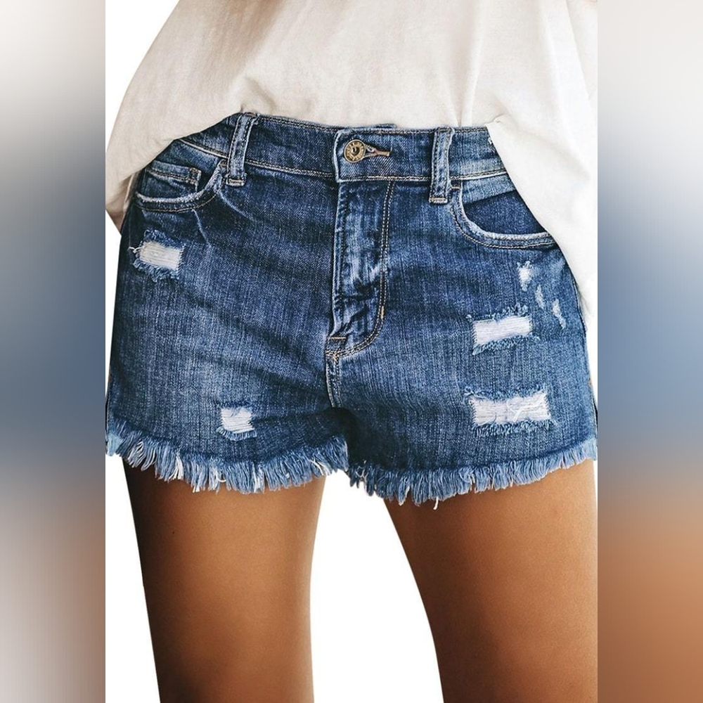 Dark Blue Frayed Hem Distressed Side-Slit Denim Shorts SIZE LARGE